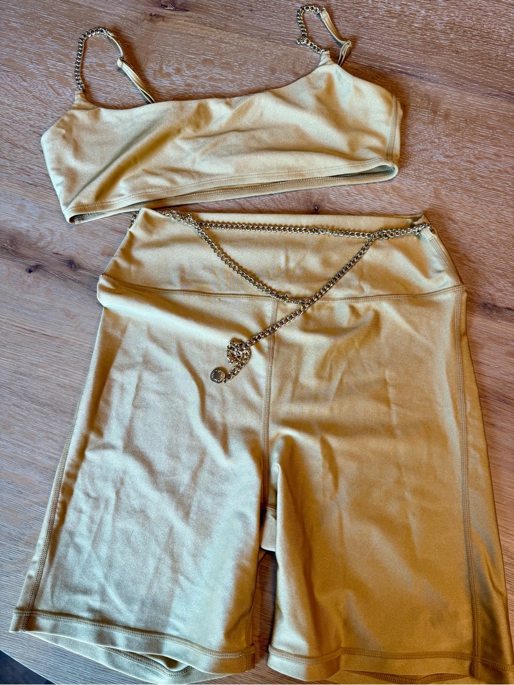 WeWoreWhat Gold Chain-Trim Bike Shorts Set in Metallic Gold